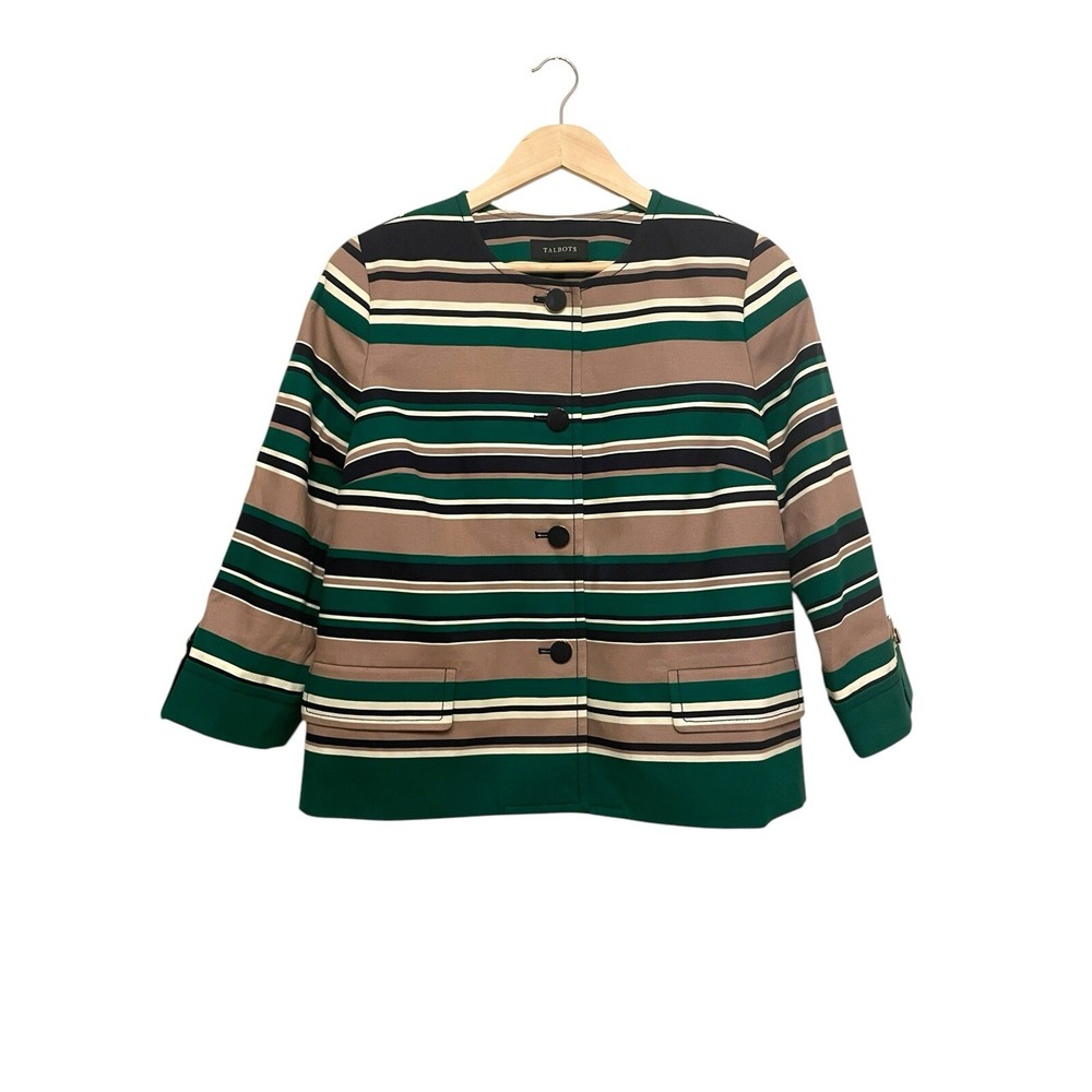 Talbots Striped Blazer Jacket Women Size 12 Tan Green‎ Blue 4 Button Career